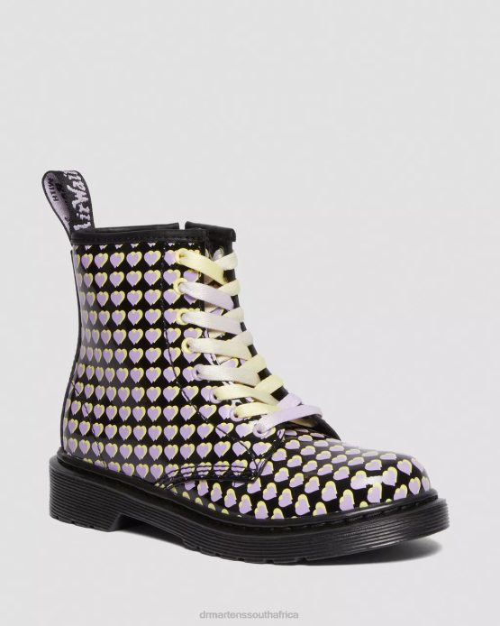 Kids Dr. Martens Black Lucido & Patent Lamper Junior 1460 Patent Heart Printed Lace Up Boots Footwear 0TVD441